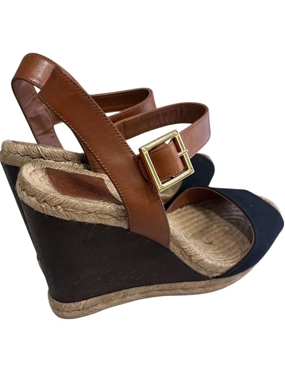 Tory Burch Bima Black Canvas dark brown Wedge Sandals Size 8